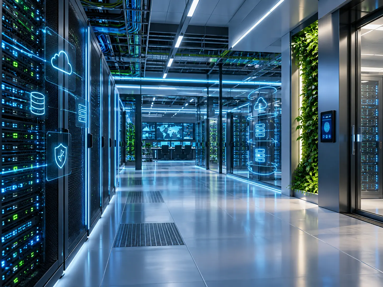 Corridoio del datacenter con armadi rack illuminati e accesso protetto da lettore di impronte digitali